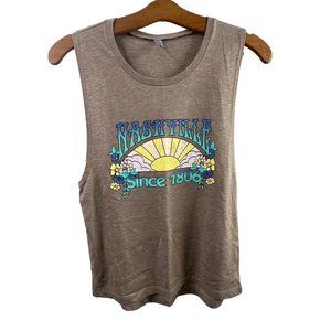 Nashville Graphic Tank Top Size Medium Sleeveless Beige Retro Sun Floral Print